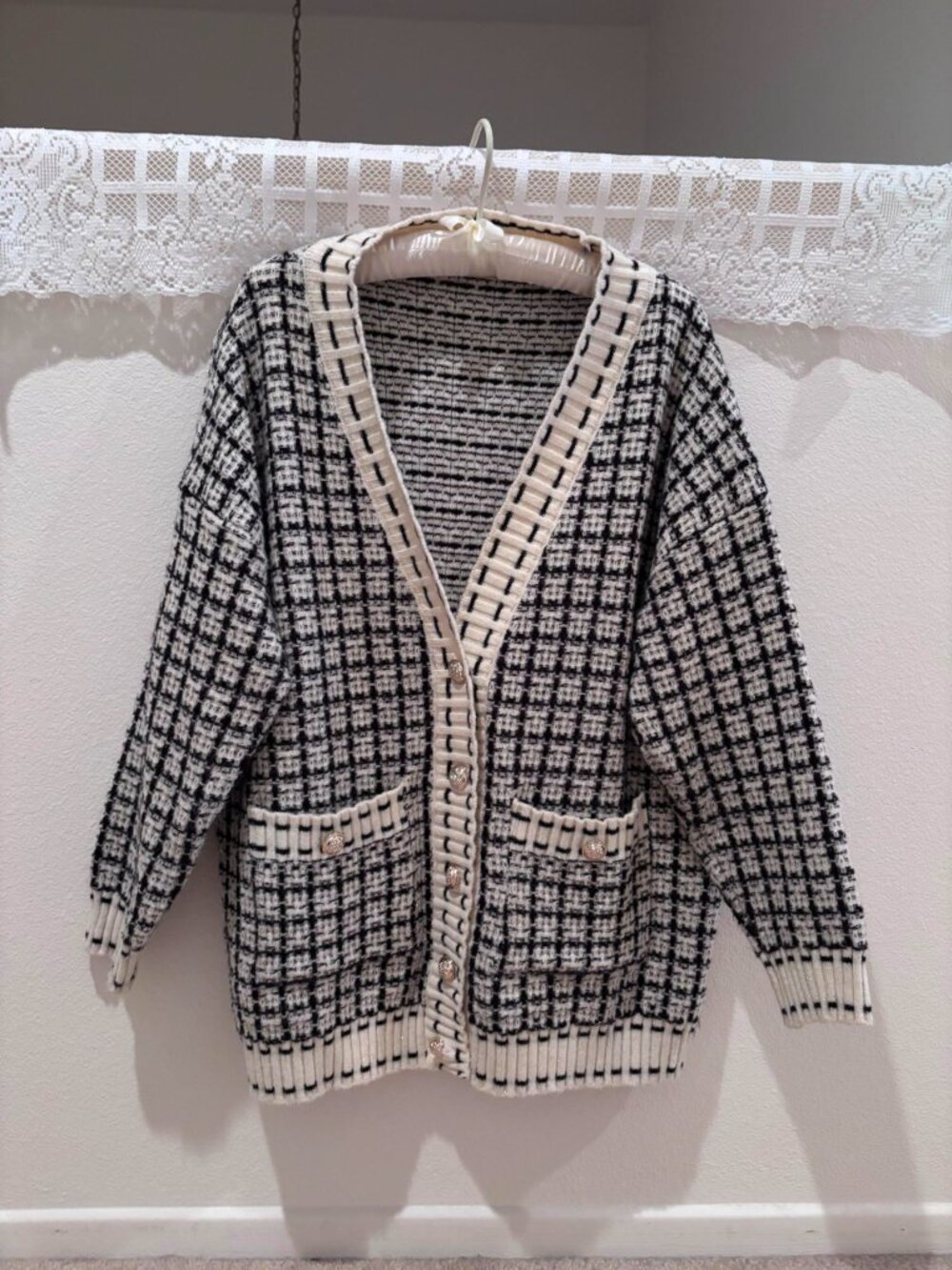 Black White Textured Knit Cardigan Gold Button Oversized Sweater Jacket Size L